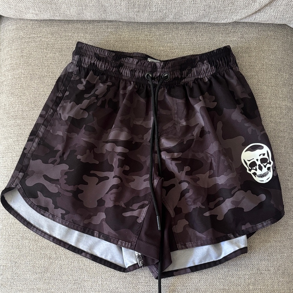 Men's Black Camo Athletic Shorts with Skull Graphic